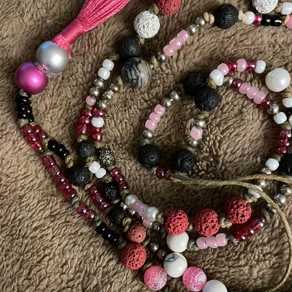 Handmade, Upcycled, Boho, Artisan, Long, Hemp Cord, Beaded, Tasseled Necklace - Picture 4 of 4